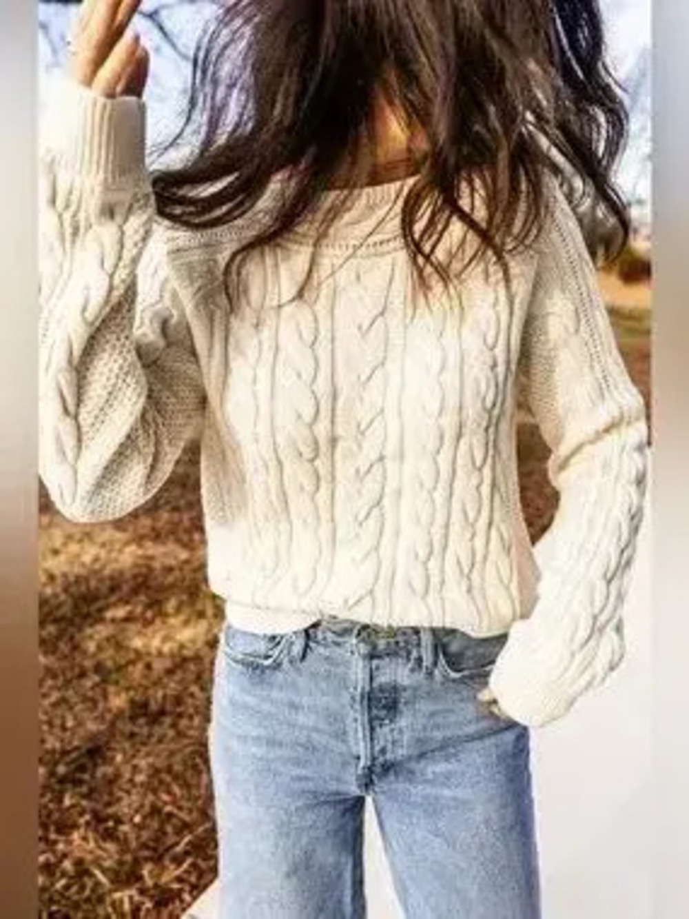 Drop Shoulder Round Neck Cable Knit Sweater - Picture 8 of 9